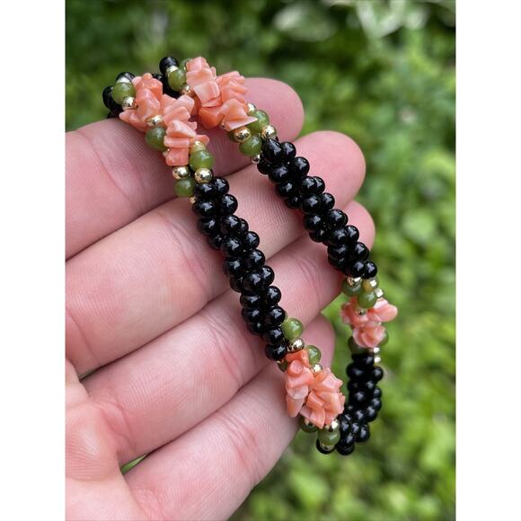 Coral Onyx VTG Pink Angel Skin Natural Necklace Collar Bead Braided Genuine - Picture 6 of 8